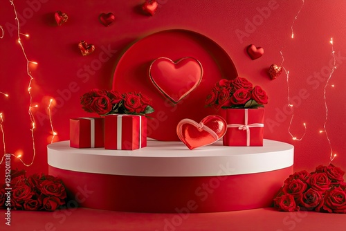 A podium with roses and heart-shaped gift boxes on a red background for product presentation, a mockup template design graphic element, a flat lay, front view. A Valentine's Day concept.