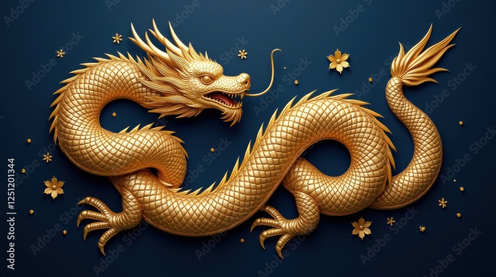 Fototapeta premium Magnificent Golden Dragon-Snake Hybrid Curled on Deep Navy Blue
