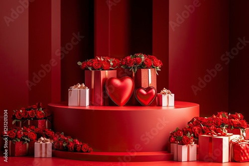 A podium with roses and heart-shaped gift boxes on a red background for product presentation, a mockup template design graphic element, a flat lay, front view. A Valentine's Day concept.