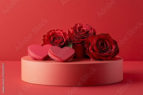 A podium with roses and heart-shaped gift boxes on a red background for product presentation, a mockup template design graphic element, a flat lay, front view. A Valentine's Day concept.