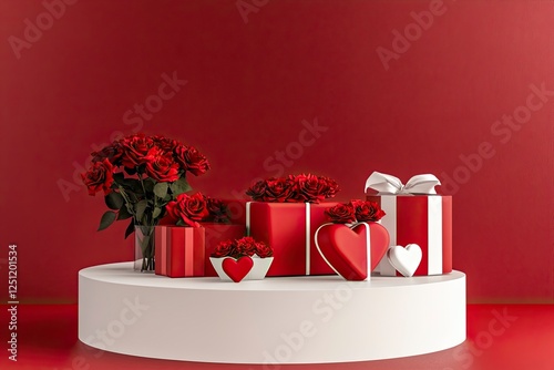 A podium with roses and heart-shaped gift boxes on a red background for product presentation, a mockup template design graphic element, a flat lay, front view. A Valentine's Day concept.