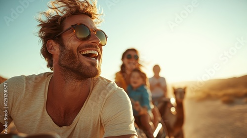 A smiling man enjoys a camel ride alongside his family during a sunset, capturing an adventurous moment filled with laughter and warmth against a backdrop of golden light. photo