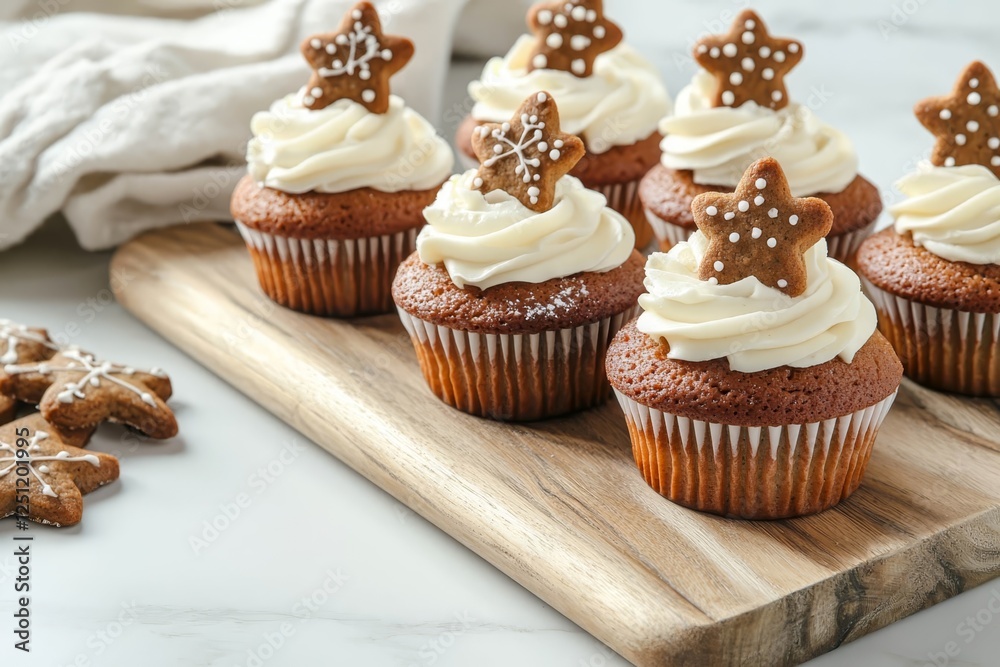 Gingerbread cupcakes with cream cheese frosting and mini gingerbread cookies on top on a wooden board. Gingerbread cupcakes with cream cheese frosting and mini gingerbread cookies on top on a wooden board.