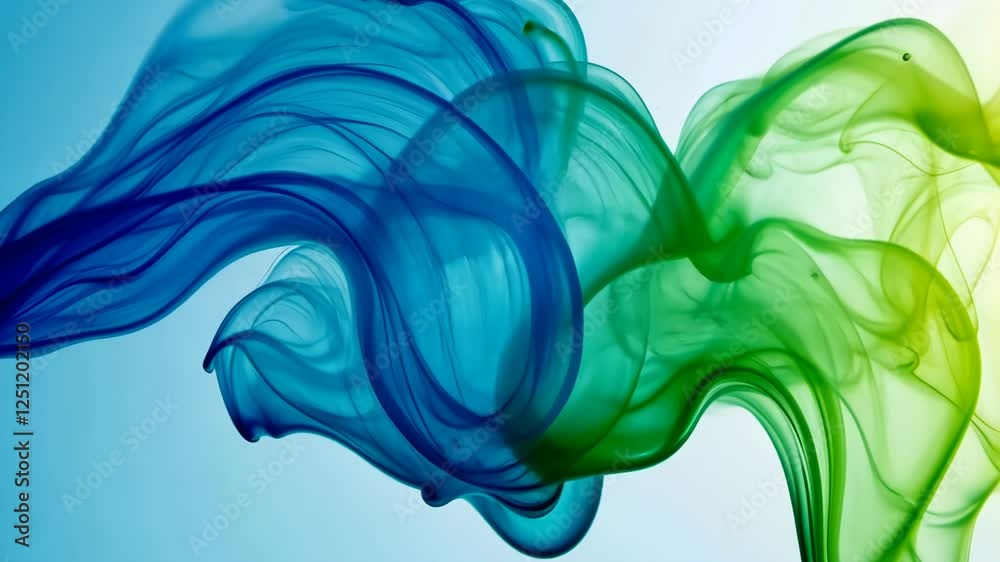 Blue and green smokey line with a white background. The blue and green colors are contrasting and the white background makes the colors stand out. The image has a dreamy and ethereal feel to it