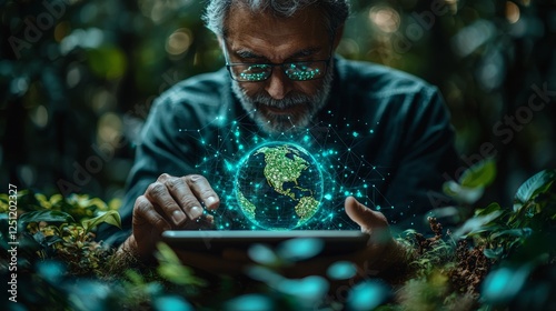 Man using tablet with digital earth graphic in forest photo