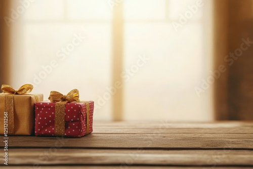 Festive Presents on Rustic Wood - Two festively wrapped gifts sit on a rustic wooden table, symbolizing celebration, generosity, joy, anticipation, and holiday cheer. photo