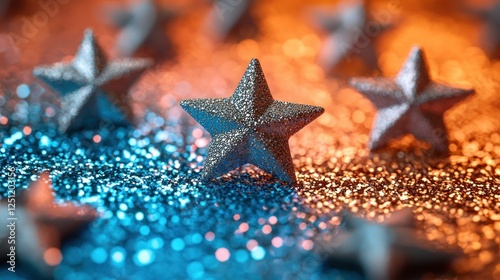 Silver stars on blue & orange glitter, bokeh background, festive decor