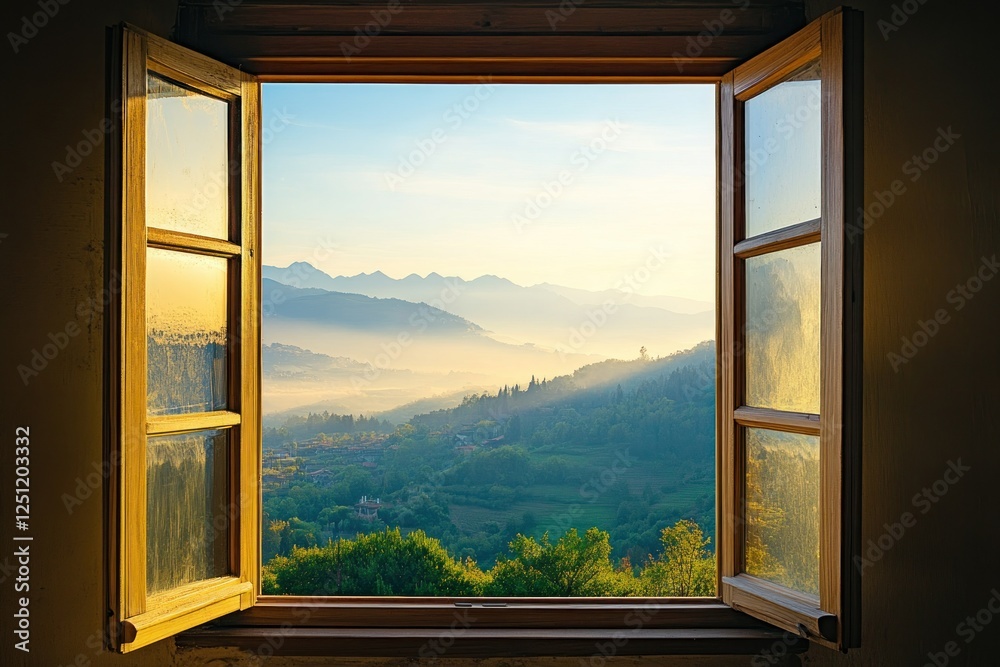 Fototapeta premium Scenic View of Mountains and Valley from Open Window during Sunrise with Warm Light