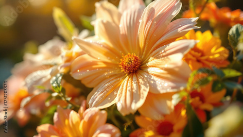 Vibrant dew-kissed orange and peach flowers in morning sunlight