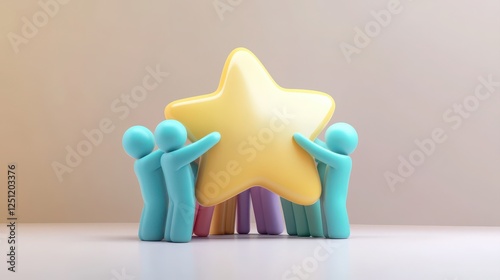 teamwork and unity collaboration 3D concept. Colorful figurines supporting a large star icon.