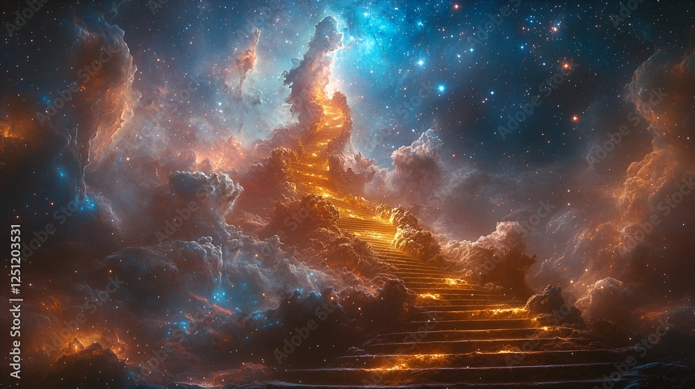 Naklejka premium Celestial Staircase Cosmic Cloudscape, Glowing Path to Heaven, Fantasy Artwork