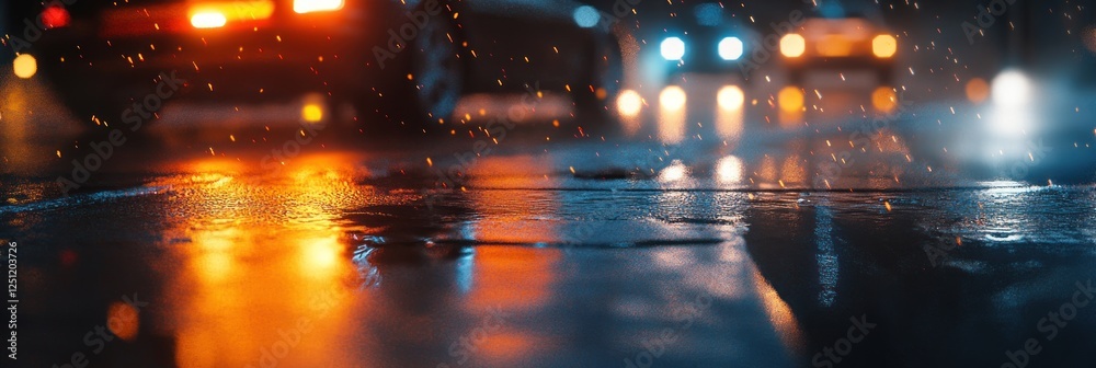 Fototapeta premium Night City Rain: Reflections of Urban Lights