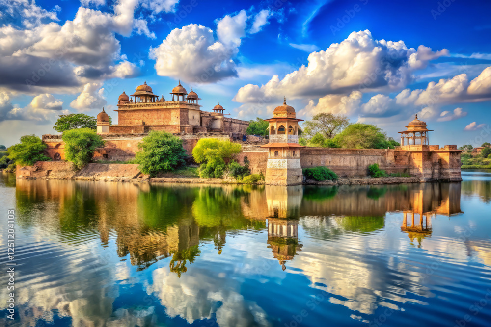 Majestic ancient fortifications reflect in serene water under vibrant sky Majestic ancient fortifications reflect in serene water under vibrant sky