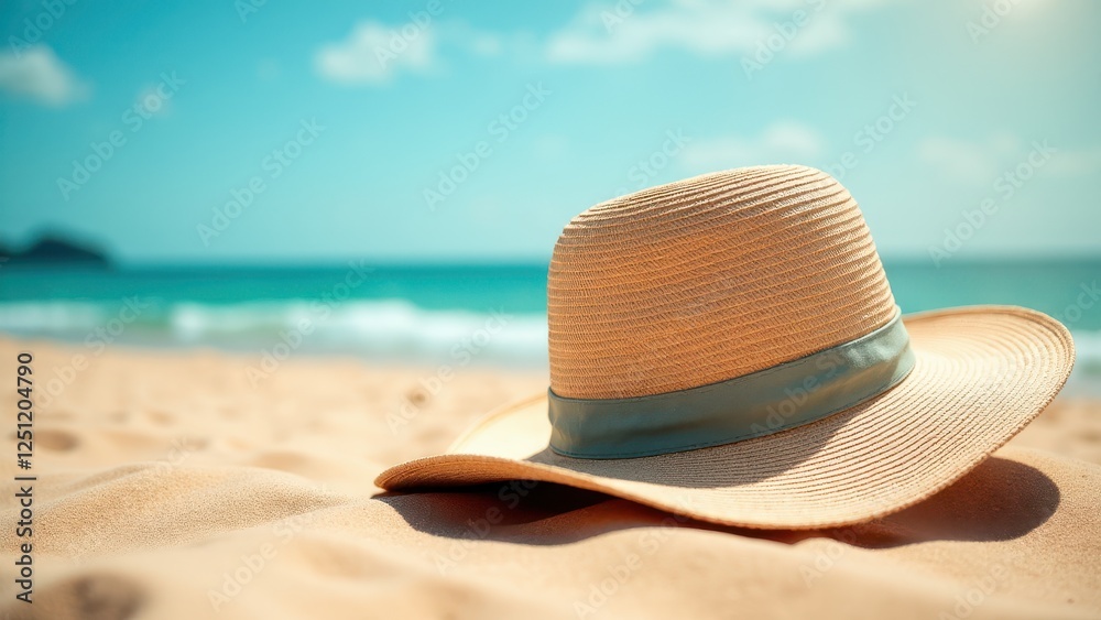 A straw hat with a blue ribbon lies on a sandy beach with the ocean and sky in the background.