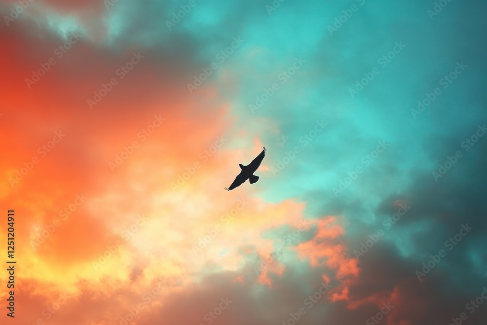 Fototapeta premium Majestic Bird Soaring Through a Colorful Sky at Dusk with Vibrant Clouds and Warm Hues