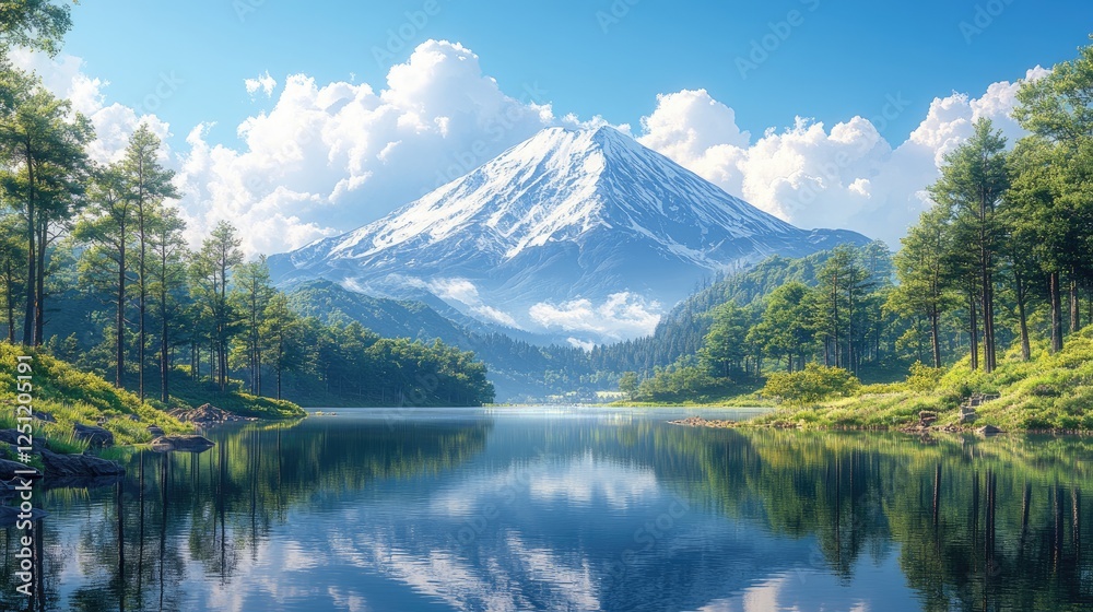 Obraz premium A serene landscape featuring Mount Fuji in the background,