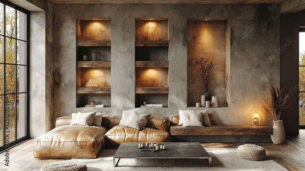 Fototapeta premium Modern rustic living room interior with autumn view