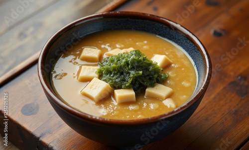 Delicious miso soup with tofu and seaweed photo