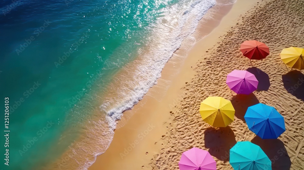 Naklejka premium Colorful beach umbrellas, ocean waves, aerial view, summer vacation