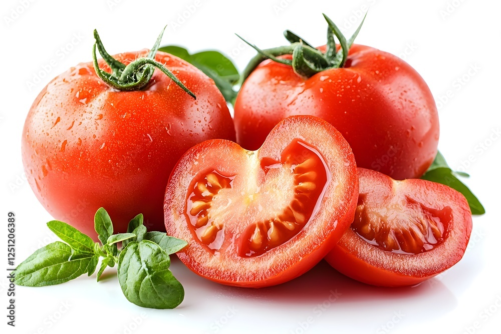 Closeup of Fresh Ripe Red Tomatoes Sliced on White Background Closeup of Fresh Ripe Red Tomatoes Sliced on White Background