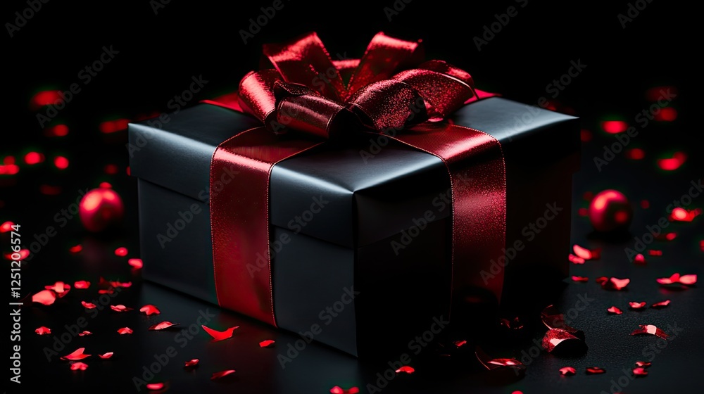 An elegant, vertical black gift box with a vibrant red ribbon symbolizes holiday shopping and Black Friday sales, set against a dark backdrop. An elegant, vertical black gift box with a vibrant red ribbon symbolizes holiday shopping and Black Friday sales, set against a dark backdrop.