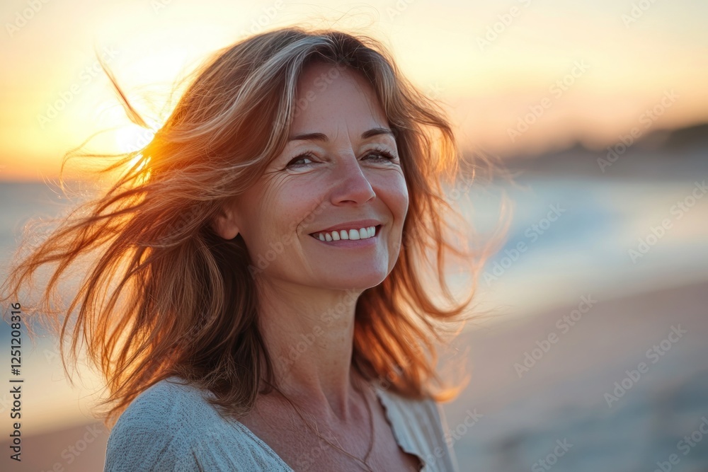 Joyful Woman with Flowing Hair Smiling at Sunset on Beach with Gentle Waves in Background Joyful Woman with Flowing Hair Smiling at Sunset on Beach with Gentle Waves in Background