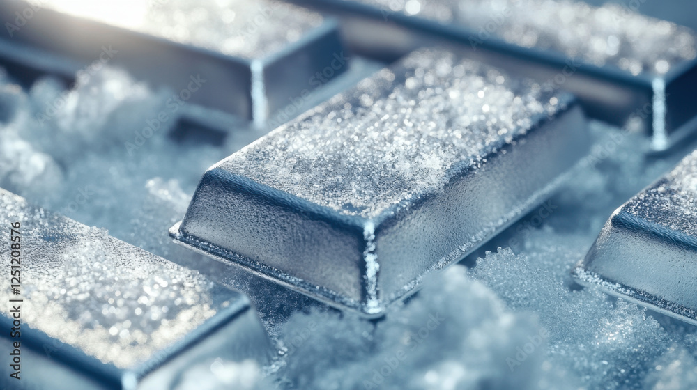 Silver bars with frost and ice crystals forming on their surface Silver bars with frost and ice crystals forming on their surface