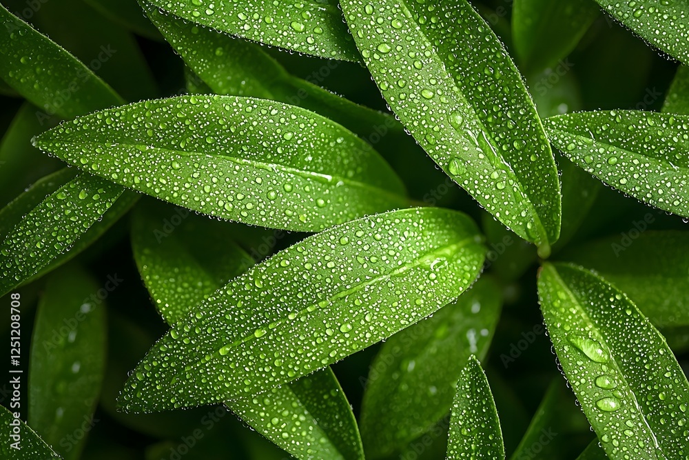 Fototapeta premium Crystal Clear Water Droplets on Vibrant Green Leaves Refreshing Nature Theme