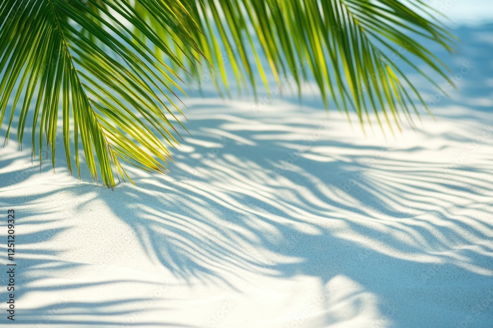 Fototapeta premium Sunlight Filtering Through Palm Leaves on Soft Sandy Beach Creating Beautiful Tropical Shadows