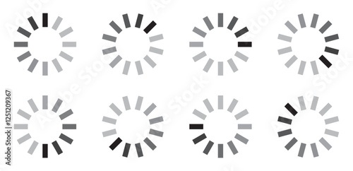 Set of rotating loading spinner frames in grayscale, circular progress indicators for UI design, minimal buffering icons, seamless animation steps for apps, websites, and interfaces. Icons, vector.