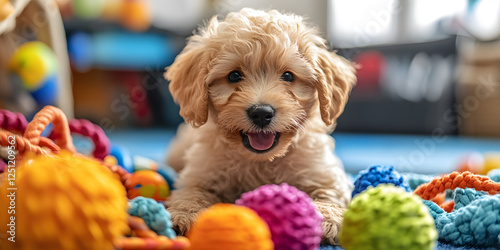 Happy puppy playing with colorful squeaky toys, ropes, and balls in a fun, energetic moment