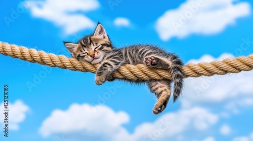 Sleepy Kitten on a Rope:  A tiny tabby kitten with big, curious eyes sleeps soundly on a thick rope against a backdrop of bright blue sky and fluffy white clouds.