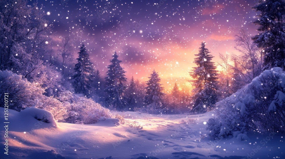 Snowfall in a Winter Wonderland Forest Sunset Scene Snowfall in a Winter Wonderland Forest Sunset Scene