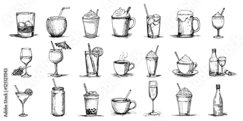 drink and beverage collection black vector decorative sketch for engraving
