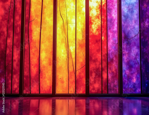 A large window with stained glass, stained glass of different colors, red, yellow, lilac.