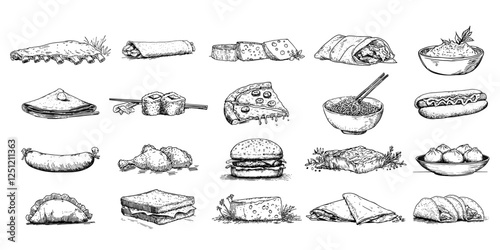 international food collection black vector decorative sketch for engraving