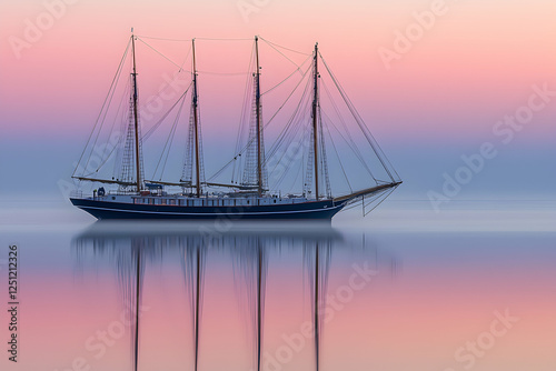 Serene sunrise over calm waters with a majestic three-masted schooner at anchor, reflecting perfectly in the still surface.