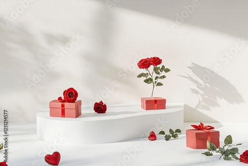 Abstract white podium with red roses and heart-shaped gift boxes on a bright background for product presentation, a Valentine's Day concept. Mockup for design in a flat lay composition