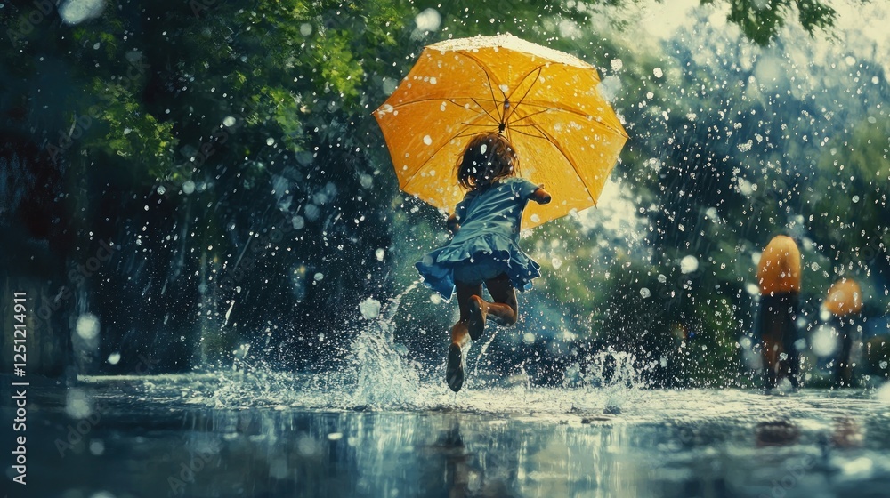 Fototapeta premium Happy child running in rain with yellow umbrella.