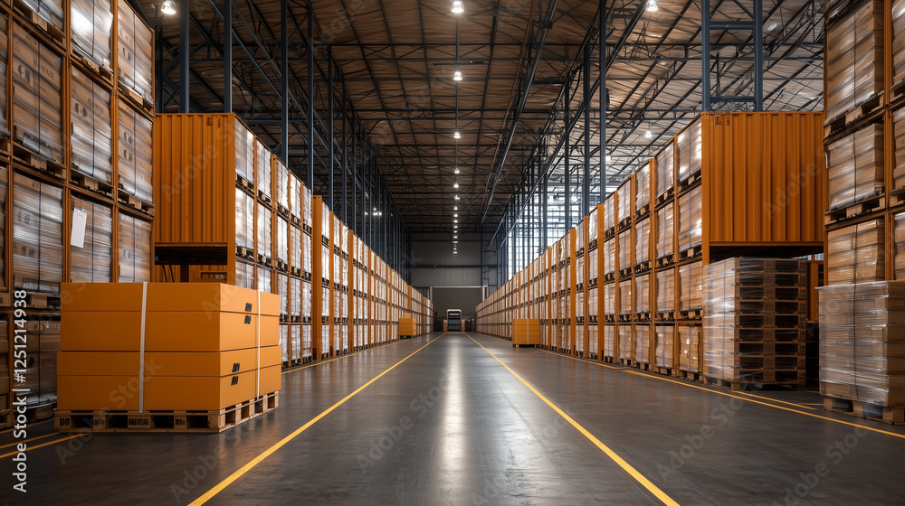 Large inventory storage facility with stacked pallets and shipping containers Large inventory storage facility with stacked pallets and shipping containers