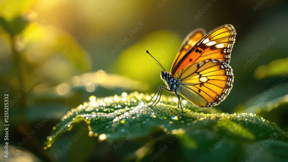 Obraz premium Vibrant orange butterfly resting on dew-covered leaf in sunlit garden
