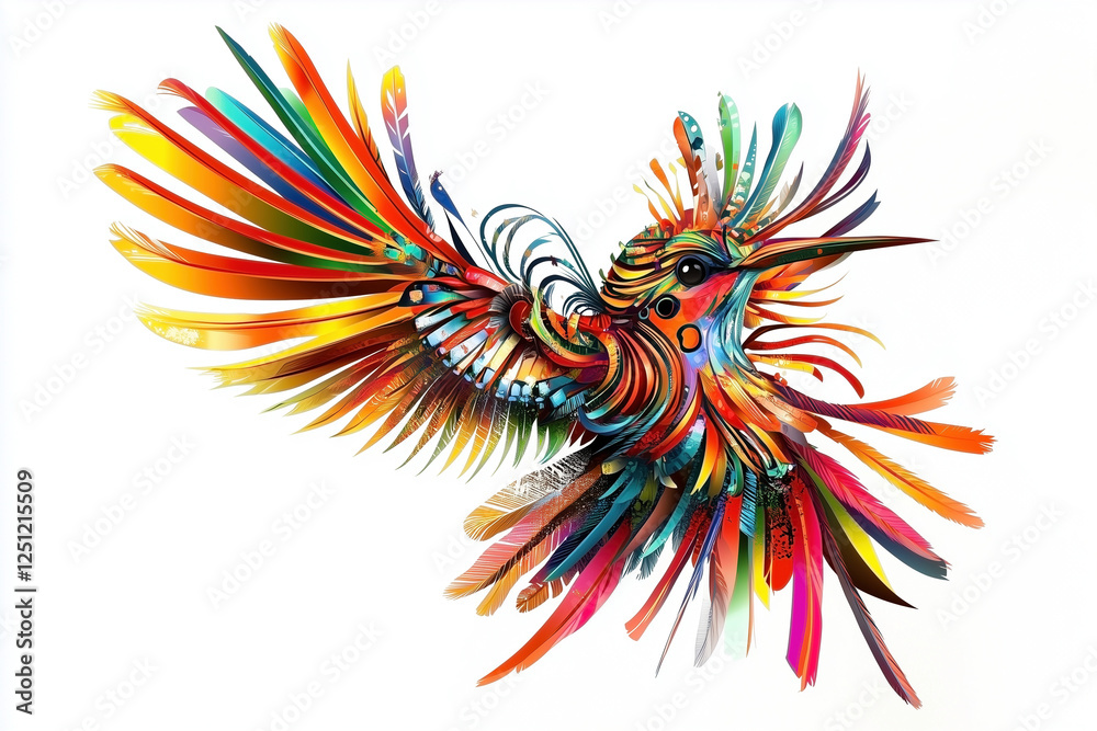 Obraz premium A colorful bird with vibrant feathers, flying in the air, on a white background
