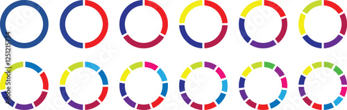 Pie charts diagrams. Set of different color circles isolated. Infographic element round shape. Pie chart divided 3, 4, 5, 6, 7, 8, 9, 10, 11, 12 equal parts. Circle section graph. Vector illustration.