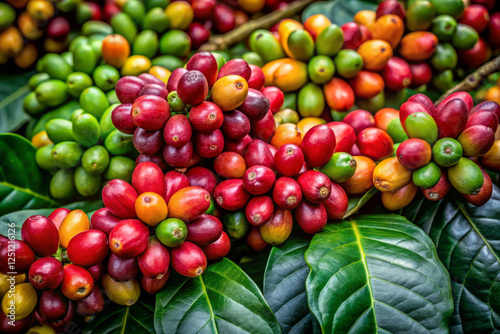 Delicate, velvety coffee cherries bursting with juicy pulp, showcasing vibrant colors