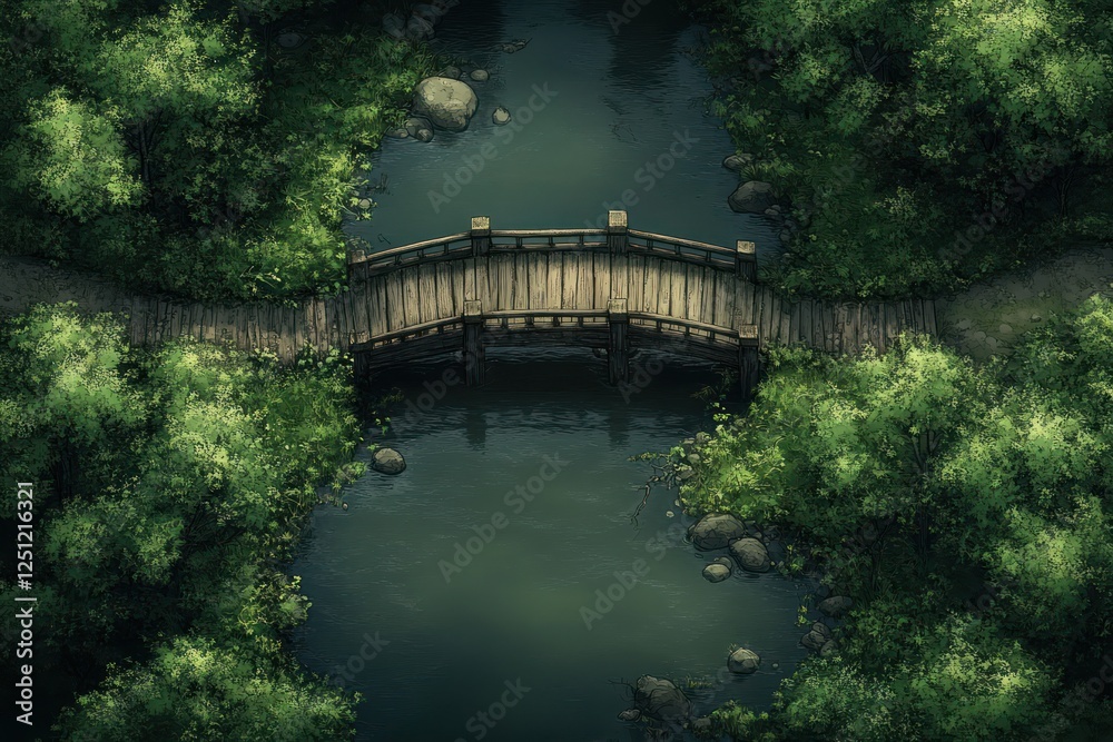 Aerial View Rustic Wooden Bridge Tranquil River Japanese Ink Painting Lush Greenery Ambient Lighting Serene Atmosphere Aerial View Rustic Wooden Bridge Tranquil River Japanese Ink Painting Lush Greenery Ambient Lighting Serene Atmosphere