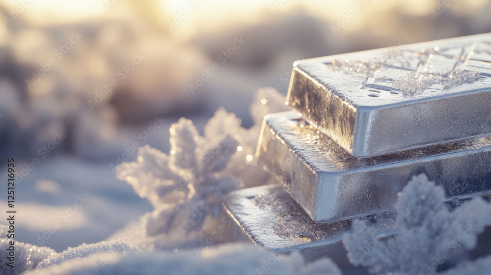 Silver bars with frost and ice crystals forming on their surface Silver bars with frost and ice crystals forming on their surface