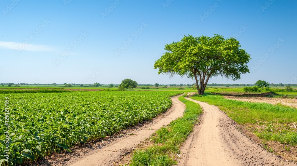 Obraz premium Pollution on land: Chemicals and waste. Lush green fields with a winding dirt path and a solitary tree.
