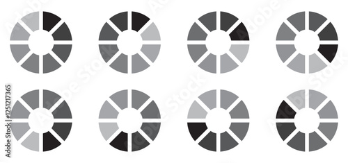 Set of rotating loading spinner frames in grayscale, circular progress indicators for UI design, minimal buffering icons, seamless animation steps for apps, websites, and interfaces. Icons, vector.