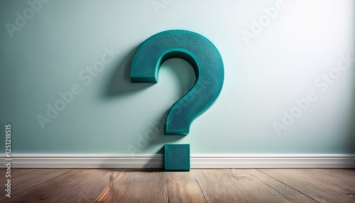 a teal question mark leans against a pristine white wall situated on a light wood floor a visual representation of inquiry and uncertainty