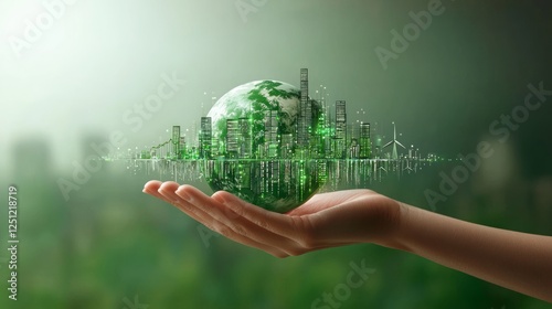 Sustainable city on a hand, environmental concept, future city photo